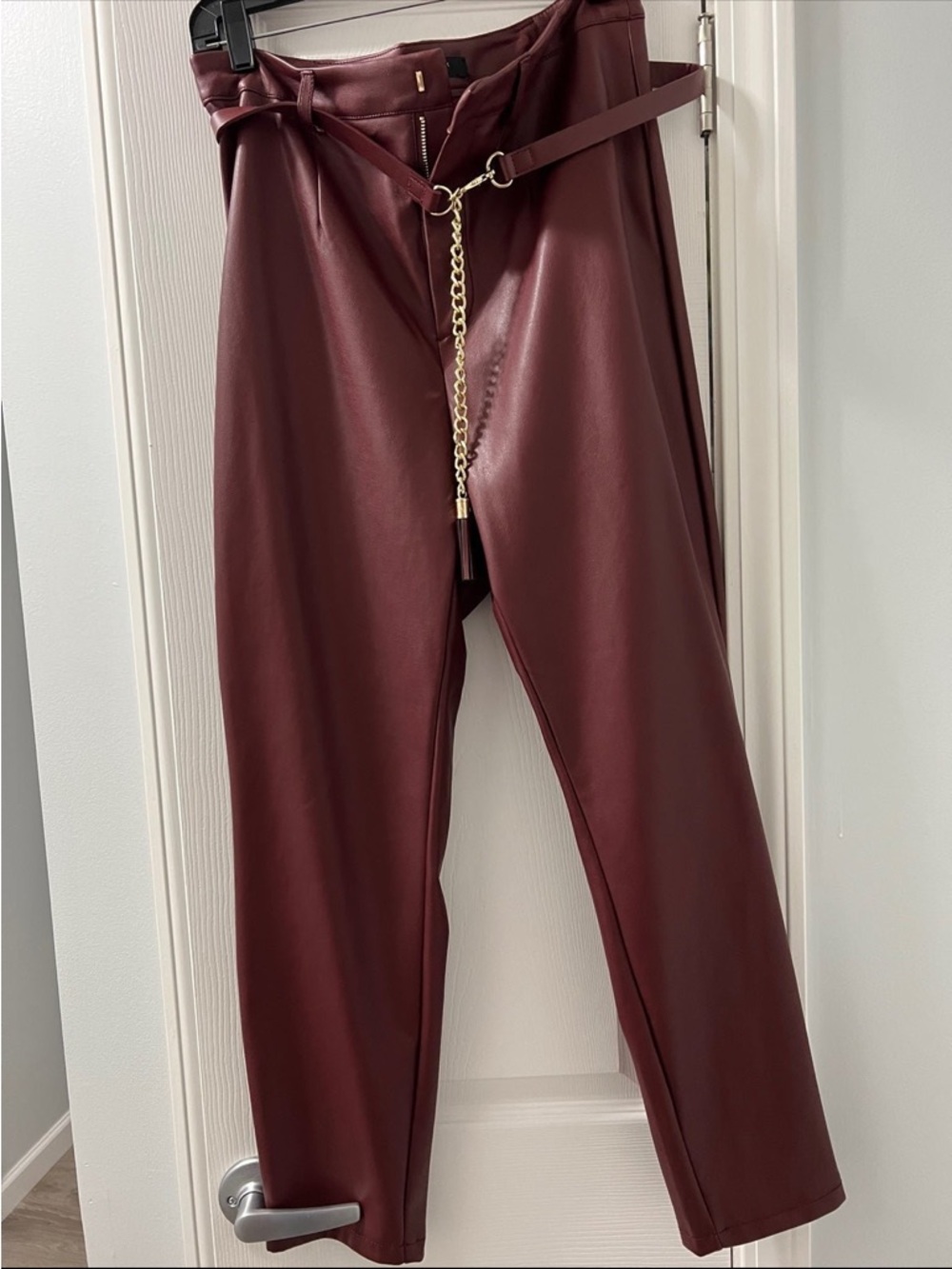 Andrew Marc Wine Faux Leather Straight-Leg Pants with Chain Belt